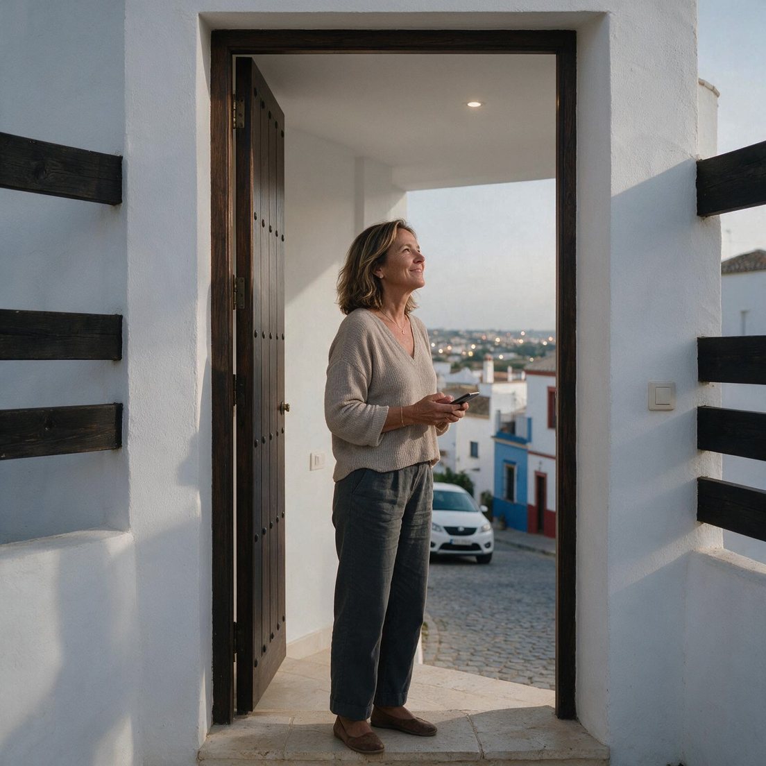 Una clienta en la puerta de su casa, en un pueblo